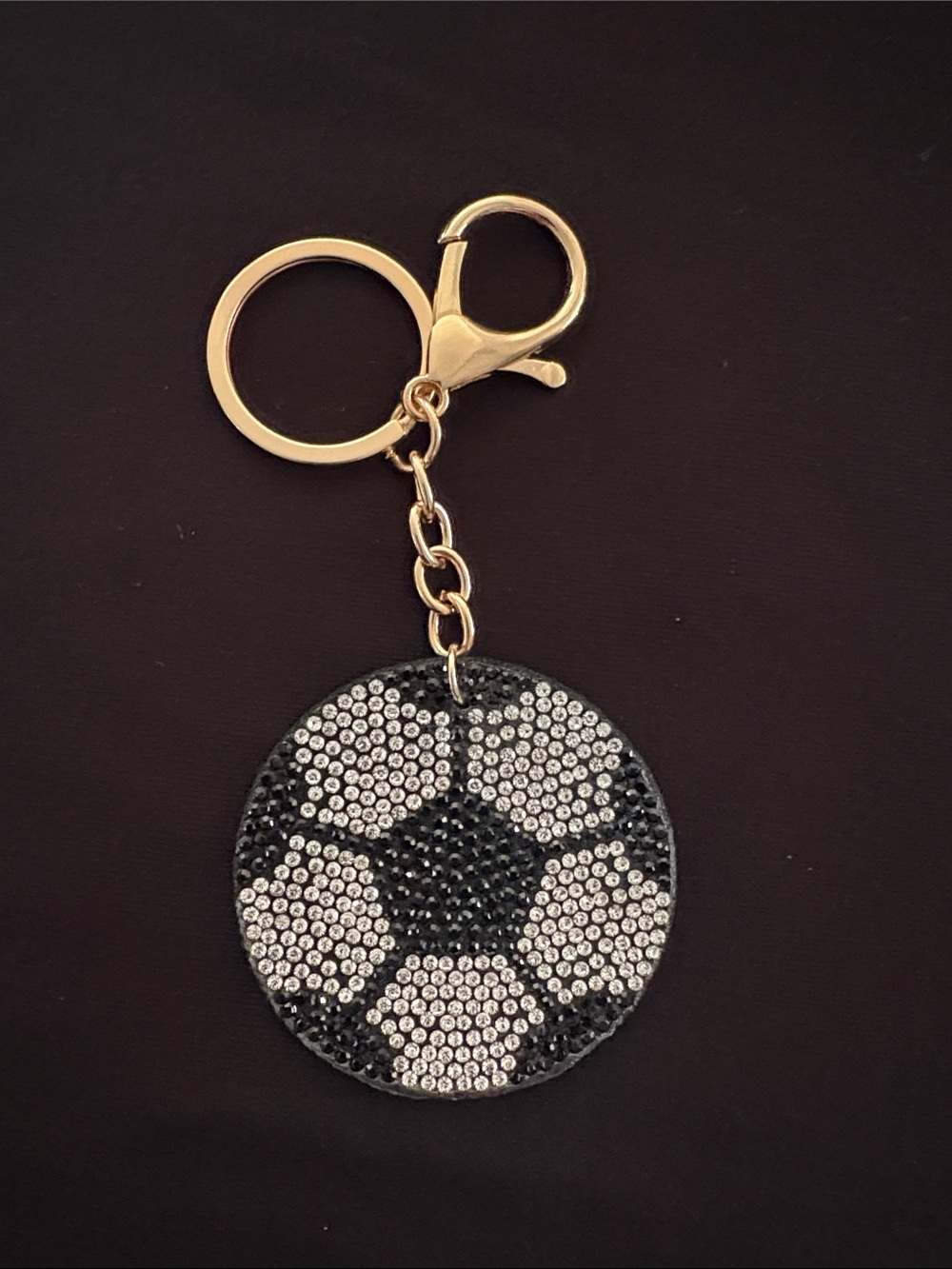 Gold Chain Soccer Ball Rhinestone Keychain Bag Charm - Black & Silver